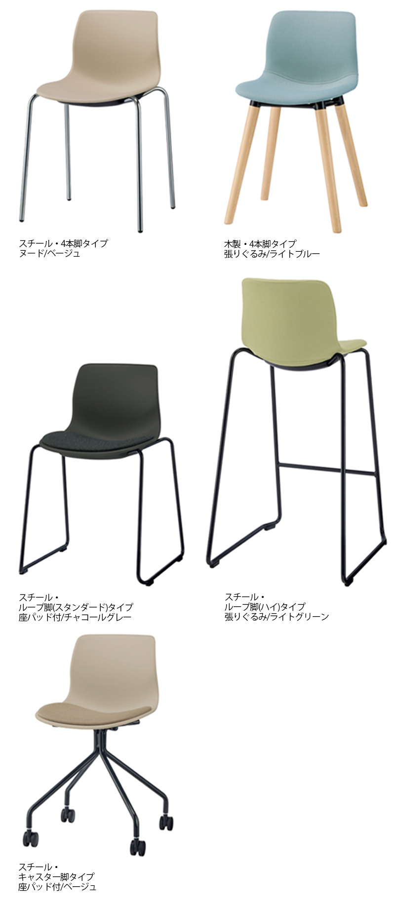右上から「スチール・4本脚タイプ＋背座・ヌード（ベージュ）」、「木製・4本脚タイプ＋背座・張りぐるみ（ライトブルー）」、「スチール・ループ脚（スタンダード）タイプ＋背座・座パッド付（チャコールグレー）」、「スチール・ループ脚（ハイ）タイプ＋背座・張りぐるみ（ライトグリーン）」、「スチール・キャスター脚タイプ＋背座・座パッド付（ベージュ）」のご紹介。