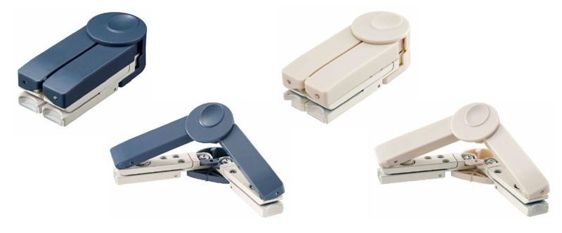 ＜pimmy＞小型パンチの単品画像。左から、ブルーグレー（未使用時の閉じている状態）、ブルーグレー（使用時の開いた状態）、アイボリー（未使用時の閉じている状態）、アイボリー（使用時の開いた状態）、