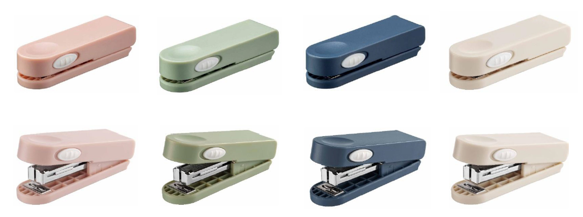 ＜pimmy＞小型ステープラの単品画像。上段はステープラ未使用時の閉じている状態で、下段はロックパーツを解除した状態。上段・下段とも、カラーは左からピンク、グリーン、ブルーグレー、アイボリー。