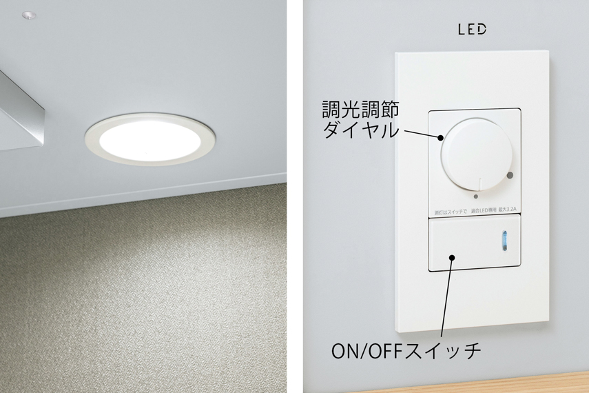 2枚の画像を組み合わせており、左がLEDライト（ブース内）の調光ダイヤル、右がON／OFFスイッチにフォーカスした画像。