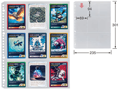 左側には片面ポケット（透明）の単品画像、右側にはポケットの寸法が記された画像が組み合わされている。カードを収納するポケットサイズは縦94×横69mmと記されている。