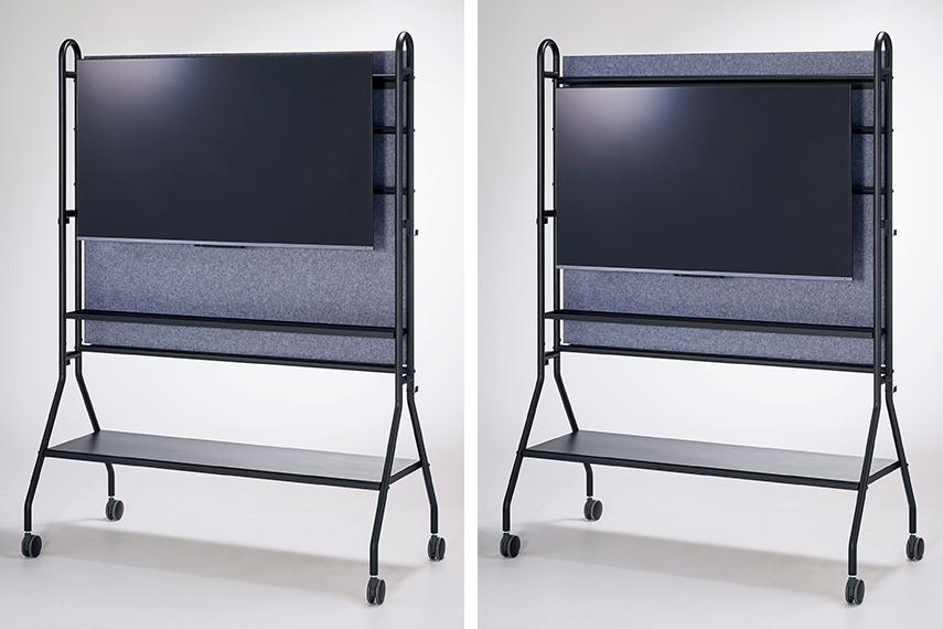 ディスプレイスタンドにディスプレイが設置されている画像が2枚並んでいる。ディスプレイの高さは2段階に設定でき、左側の画像は高い位置に、右側の画像は低い位置に設置されている。