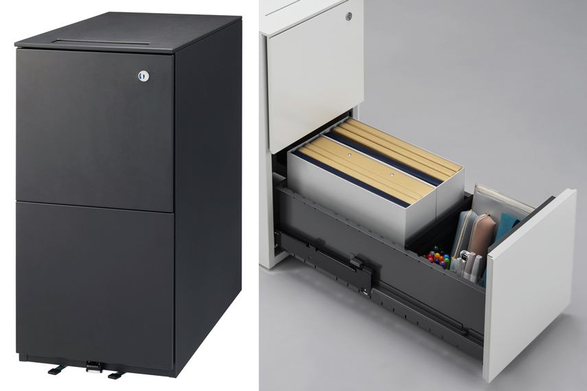 スリムワゴン（カラー：ブラック）の単品画像と、引出しの下段を引き出した様子の画像。ファイルや小物が収納されている。