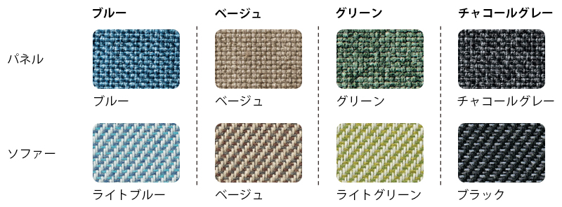 ソファーのカラーは4種類。パネルの色とソファー本体の色の組み合わせは決まっている。左から、ブルー（パネル：ブルー、ソファー：ライトブルー）、ベージュ（パネル：ベージュ、ソファー：ベージュ）、グリーン（パネル：グリーン、ソファー：ライトグリーン）、チャコールグレー（パネル：チャコールグレー、ソファー：ブラック）。