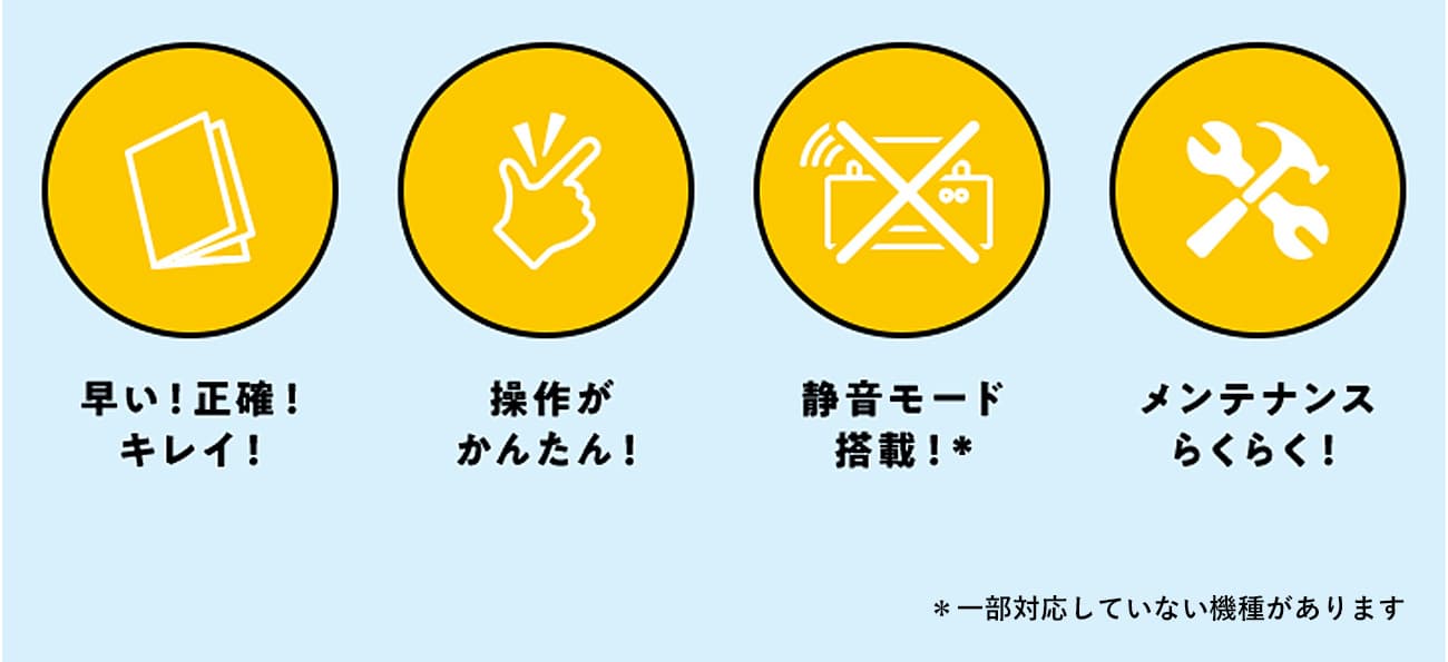 ライオン事務器の紙折機は、①早い！正確！キレイ！②操作がかんたん！③静音モード搭載！④メンテナンスらくらく！※一部対応していない機種があります。